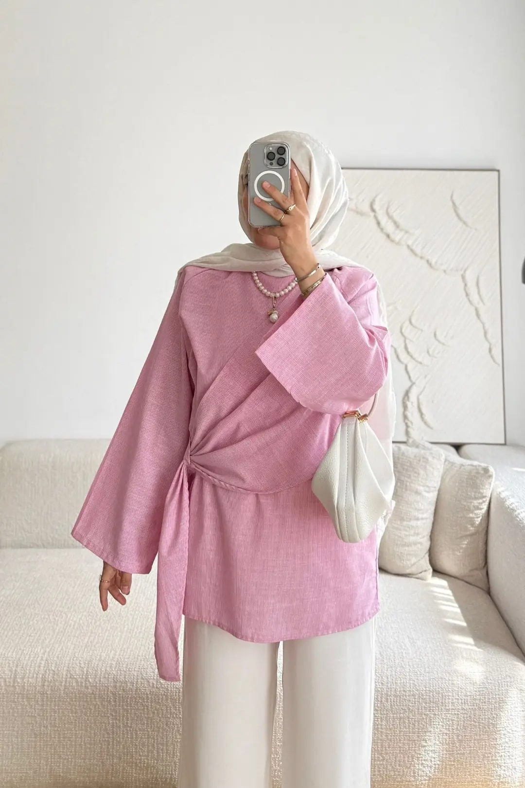ÇİZGİLİ KRUVAZE BAĞLAMALI TUNİK - PEMBE