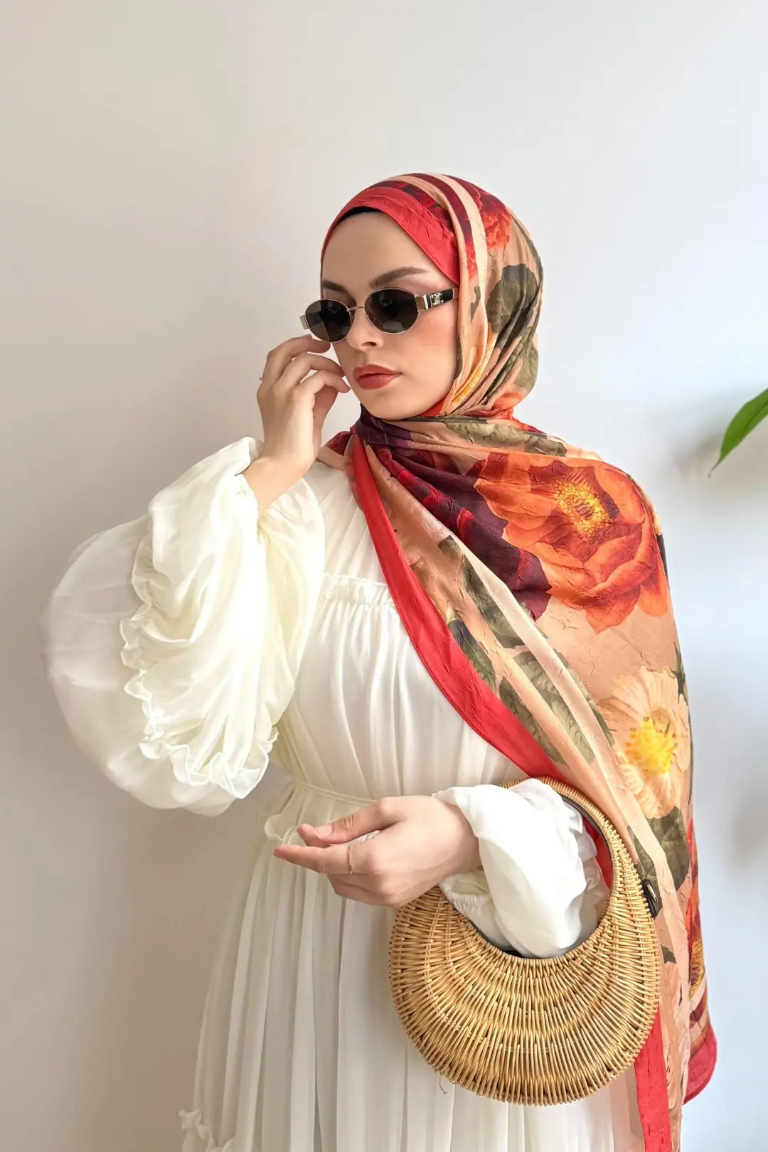 GÜL VE DAHLİA ÇİÇEKLİ ŞAL - TURUNCU