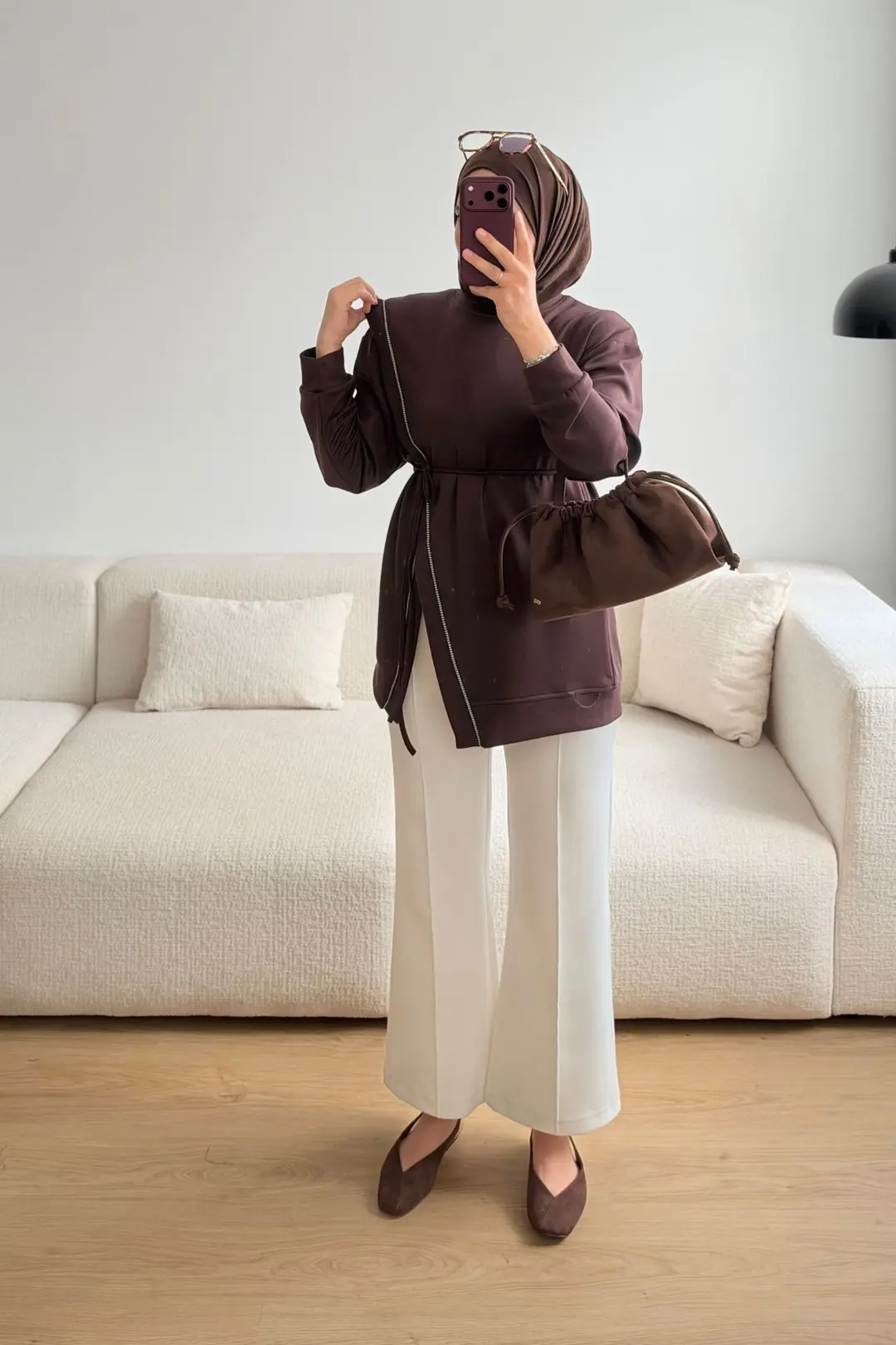1725 KORDON BİYE DETAYLI SWEATSHİRT - KAHVE