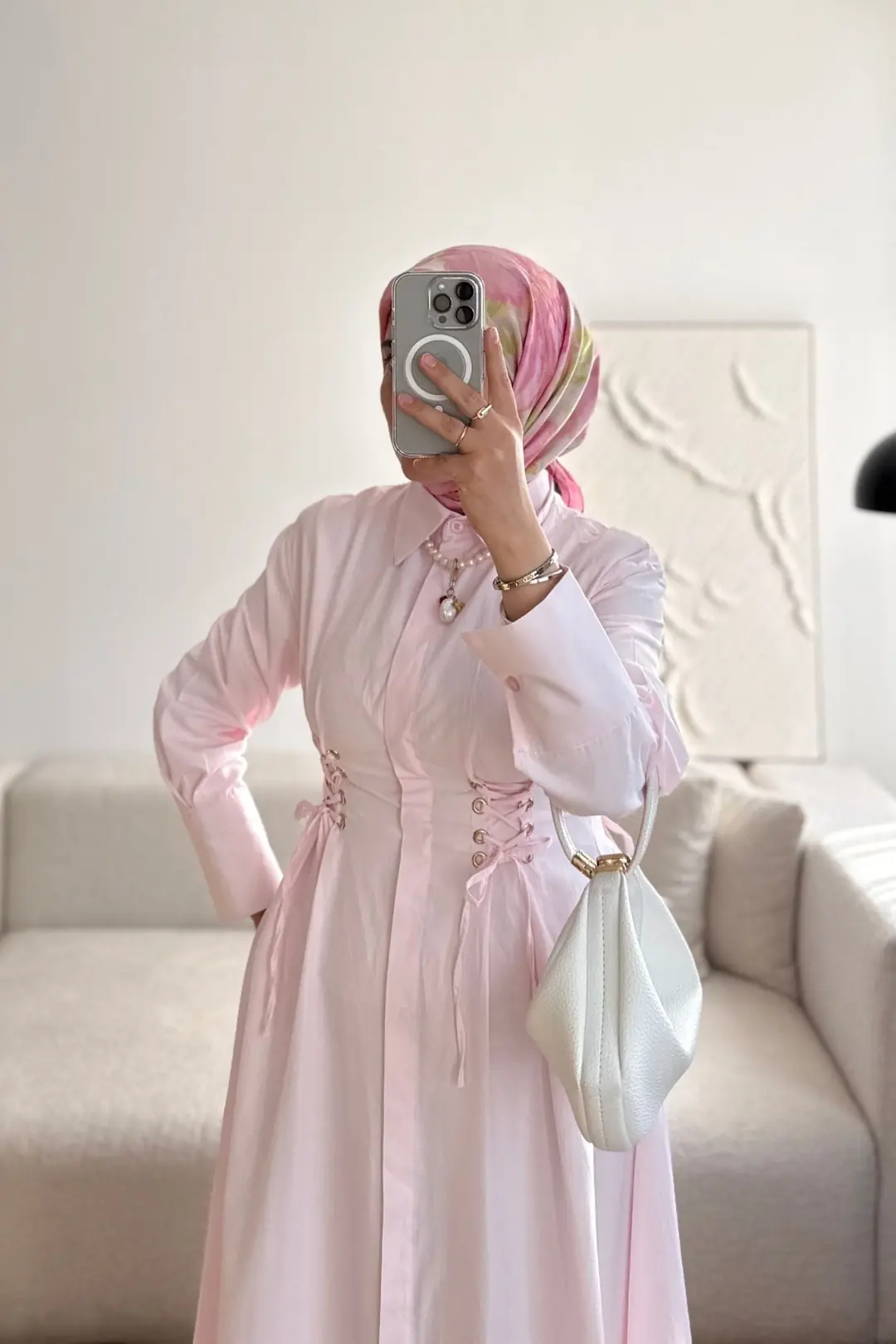 KUŞ GÖZÜ KEMERLİ ELBİSE - PEMBE