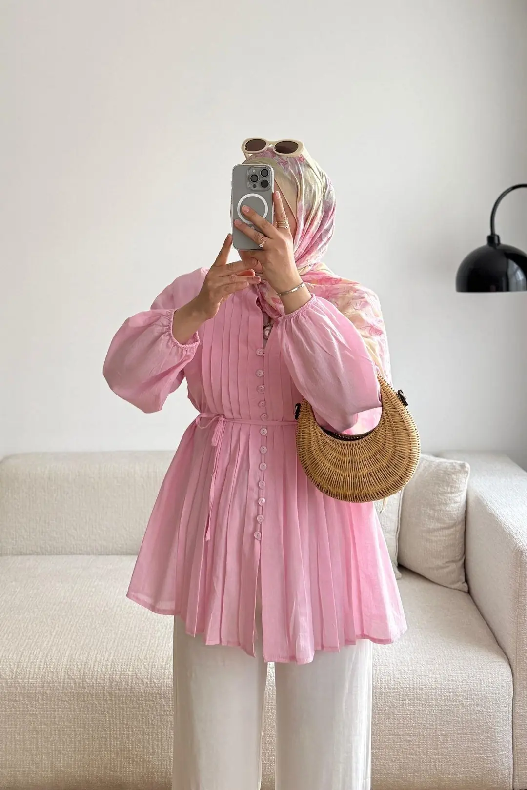 ÖNÜ BİYE DETAYLI KETEN GÖMLEK - PEMBE