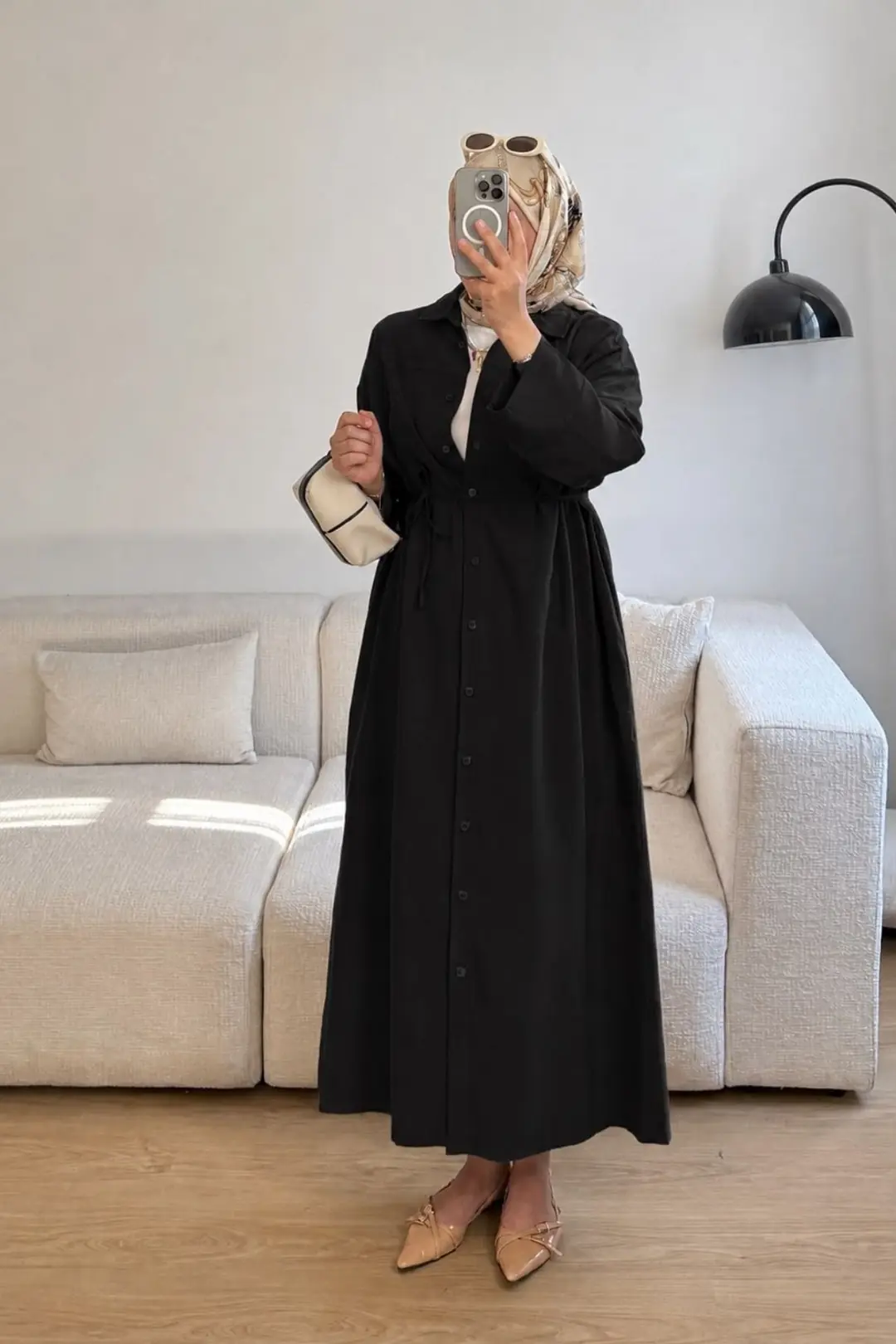 BOYDAN DÜĞME DETAYLI ELBİSE - SİYAH