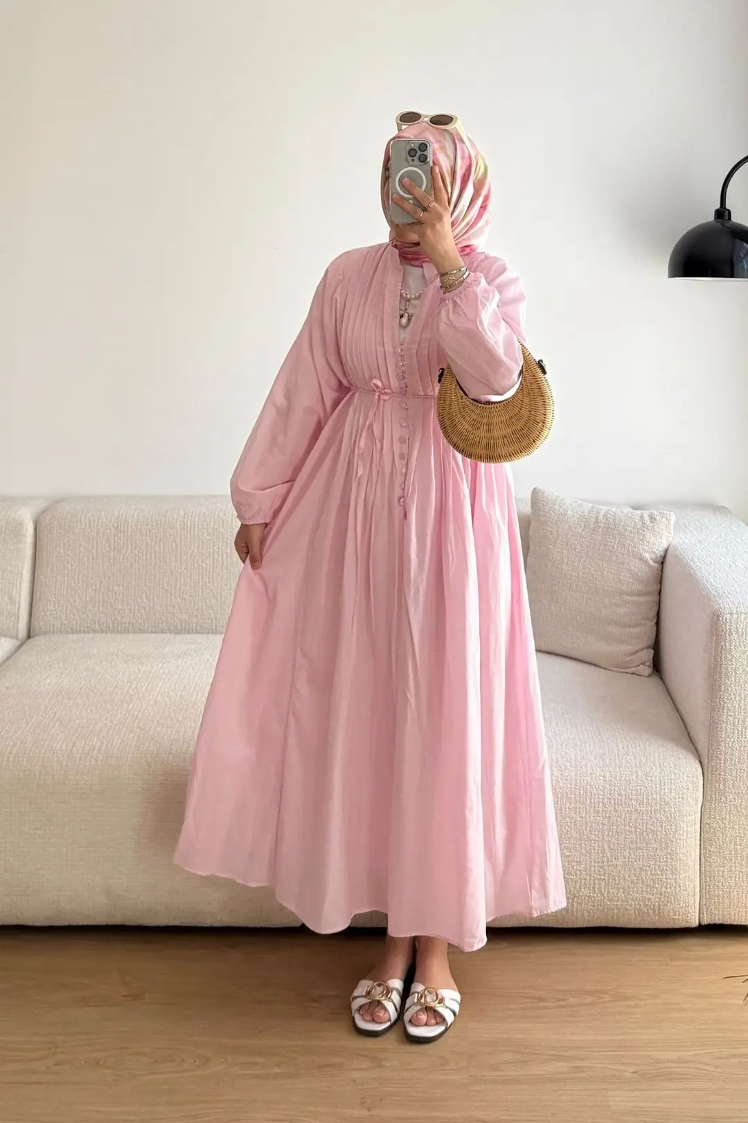 ÖNÜ PİLE DETAYLI ELBİSE - PEMBE