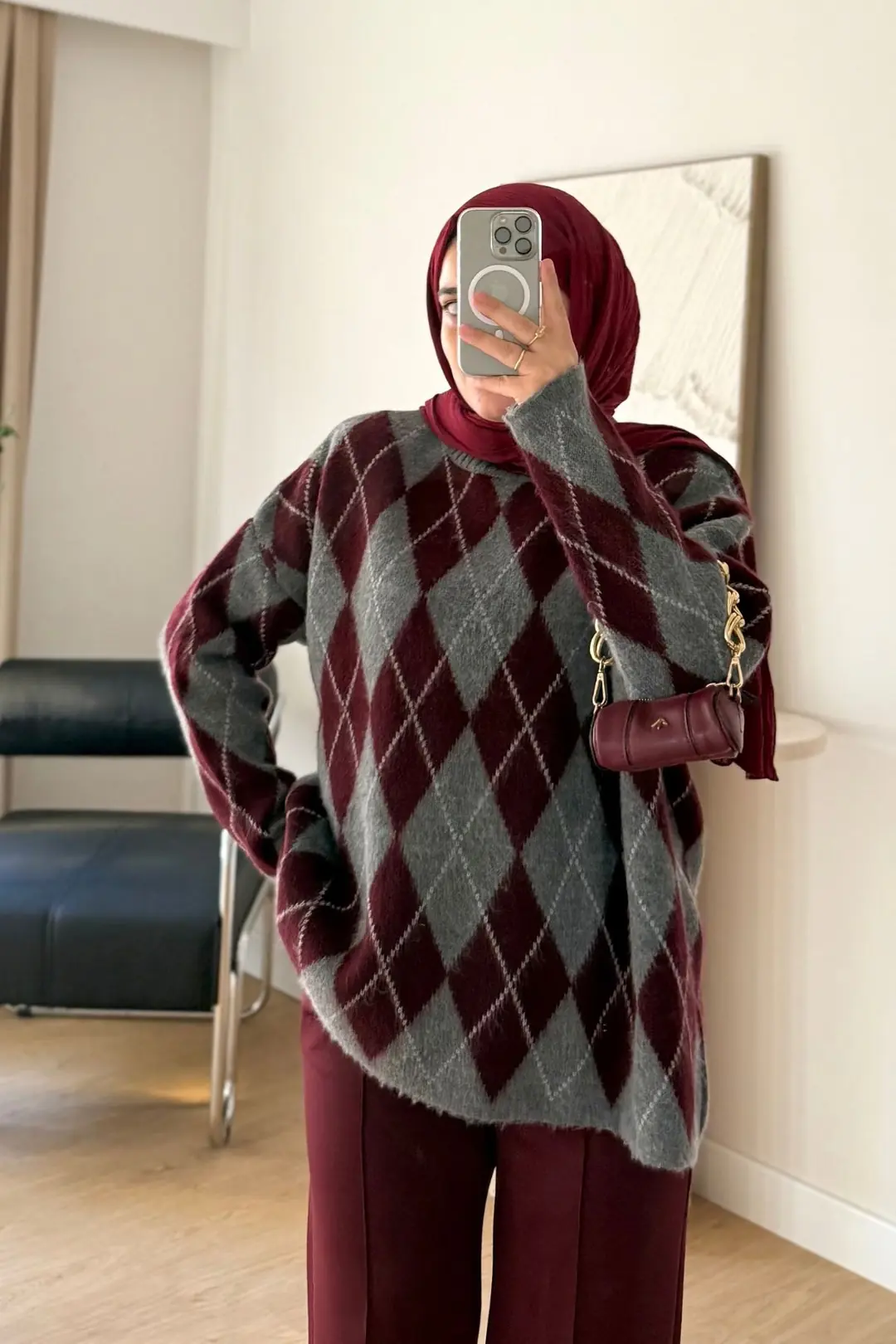 5581 BAKLAVA DESEN TRİKO KAZAK - BORDO