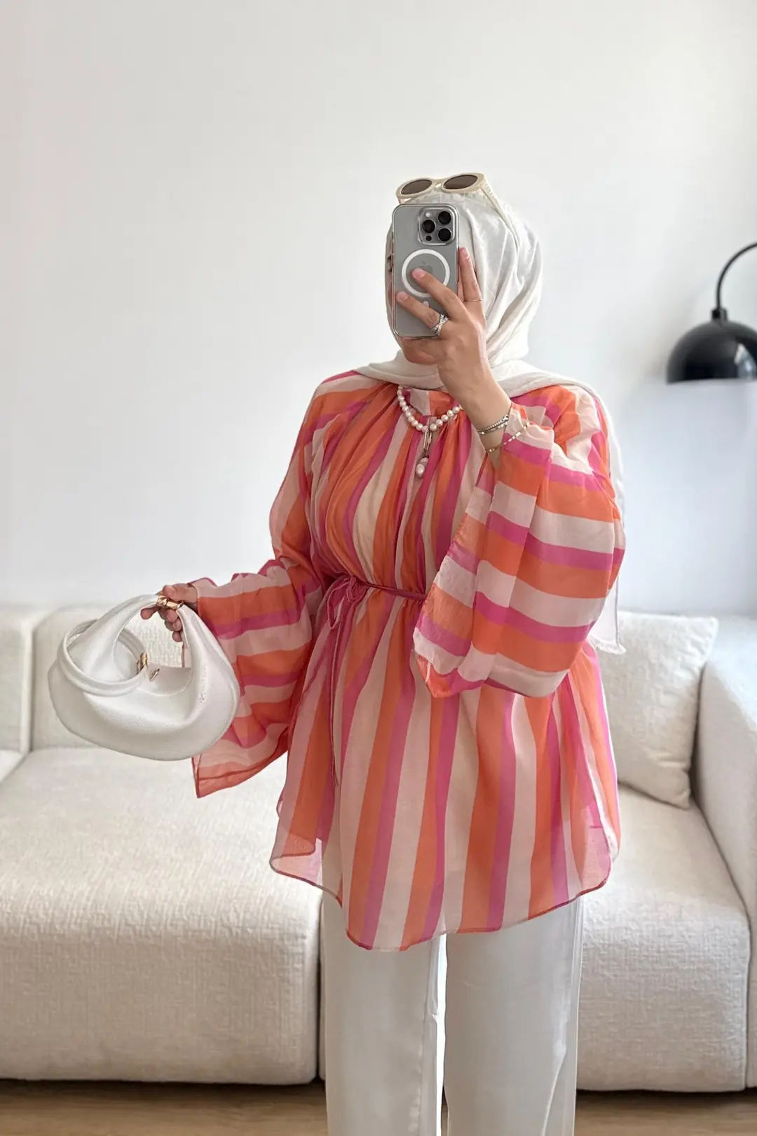 QUFİ KALIN ÇİZGİLİ ŞİFON BLUZ - PEMBE