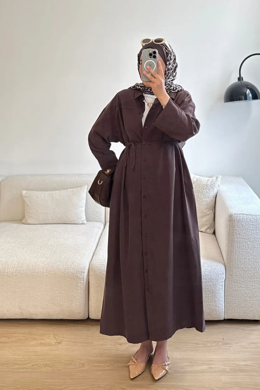 BOYDAN DÜĞME DETAYLI ELBİSE - KAHVE
