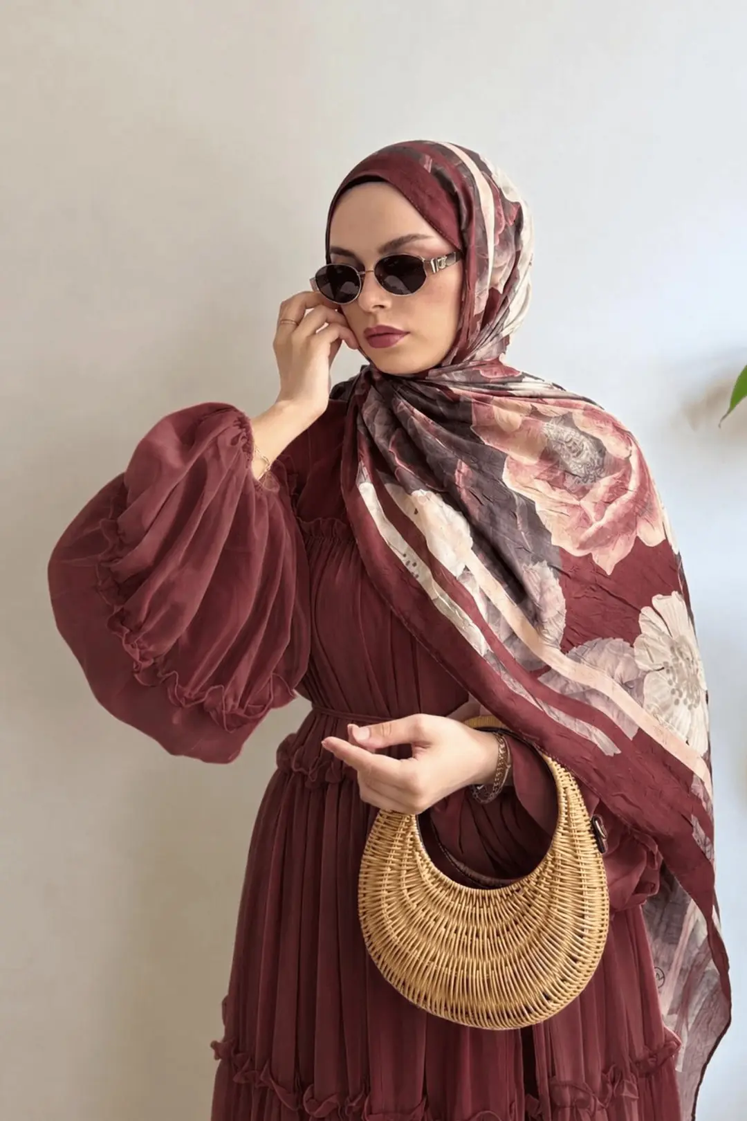 GÜL VE DAHLİA ÇİÇEKLİ ŞAL - KİREMİT