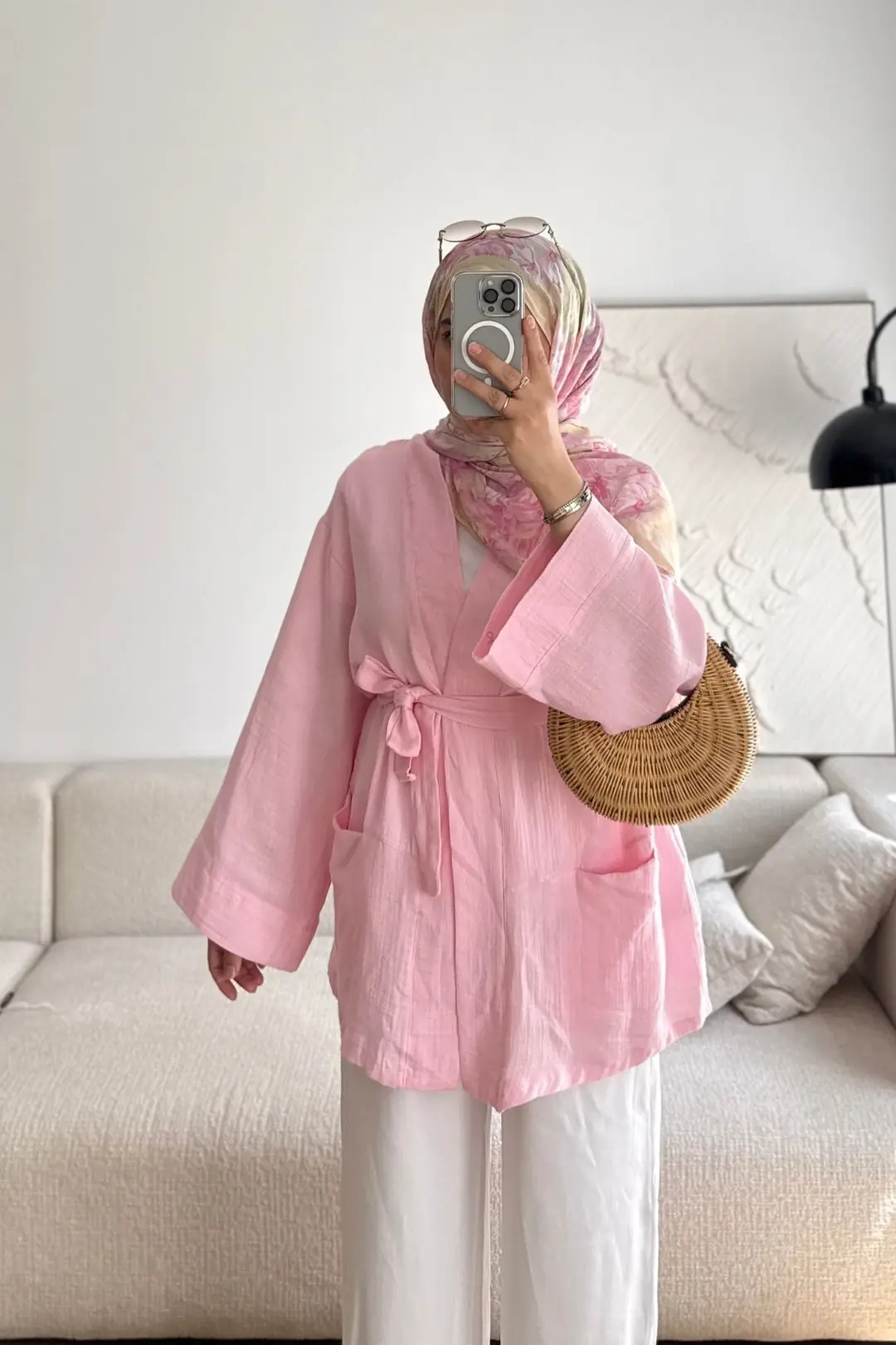 MÜSLİN KEMERLİ KİMONO - PEMBE