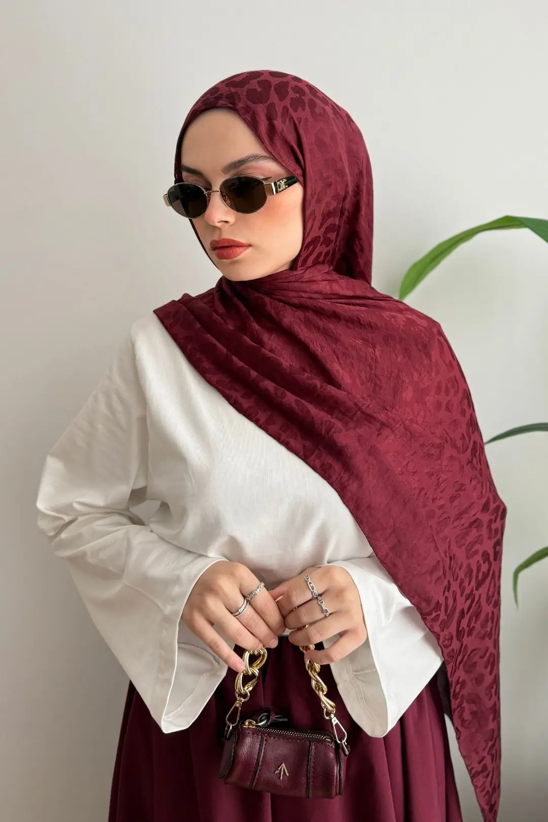 BORDO LEOPAR DESENLİ JAKARLI ŞAL 121 - BORDO